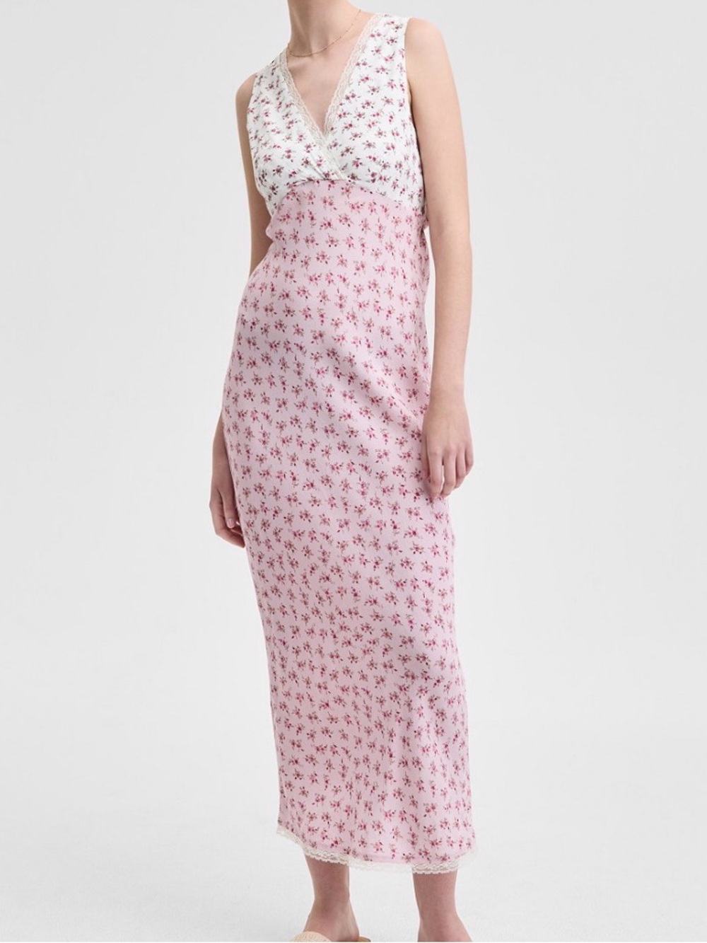 Pink and white floral slip dress with lace trim